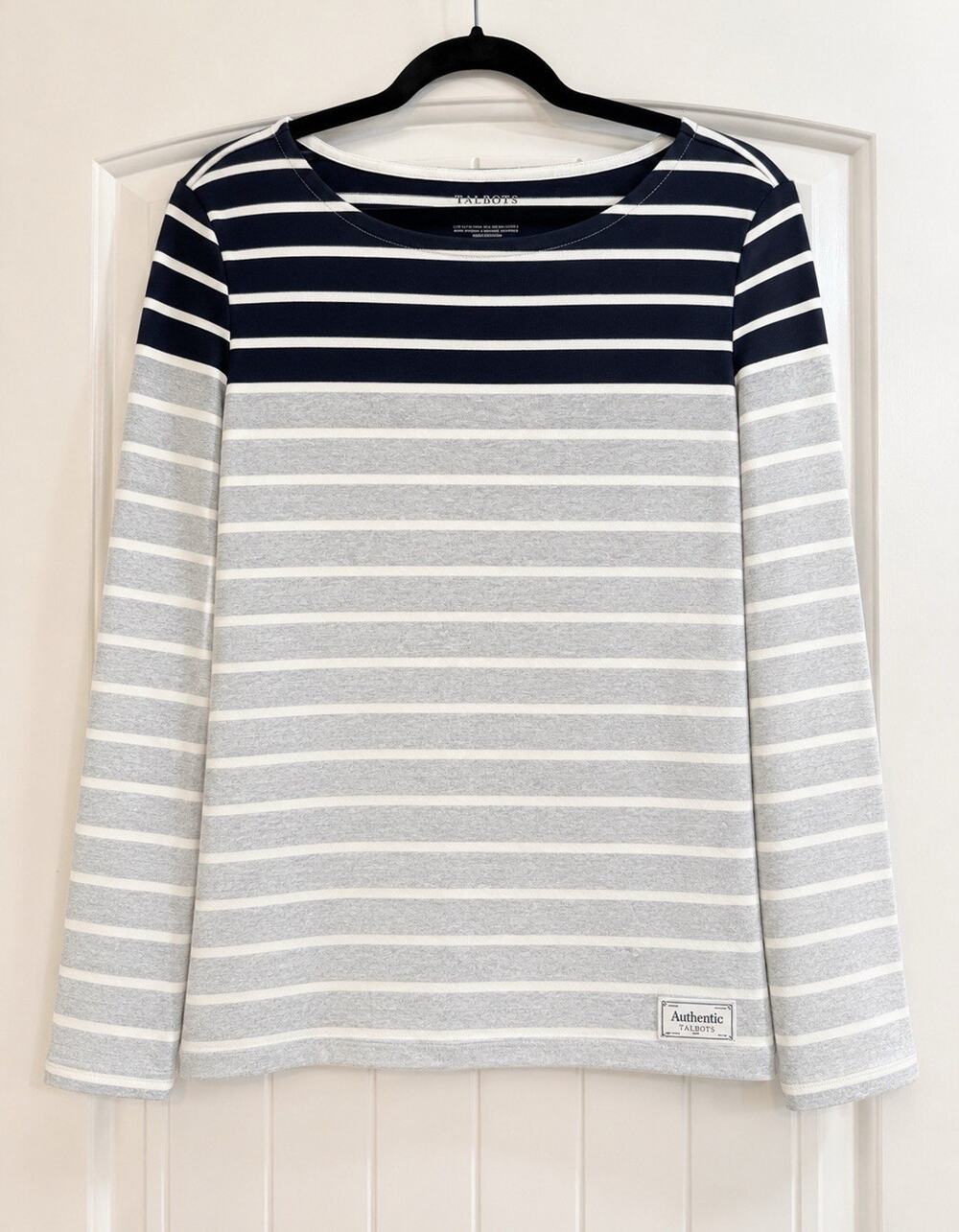 Talbots Striped Crew Neck Long Sleeve Pullover Knit Sweater XL Gray White NWT
